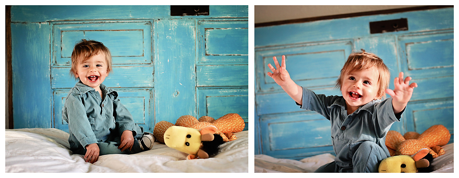 Toddler boy photo with blue headboard