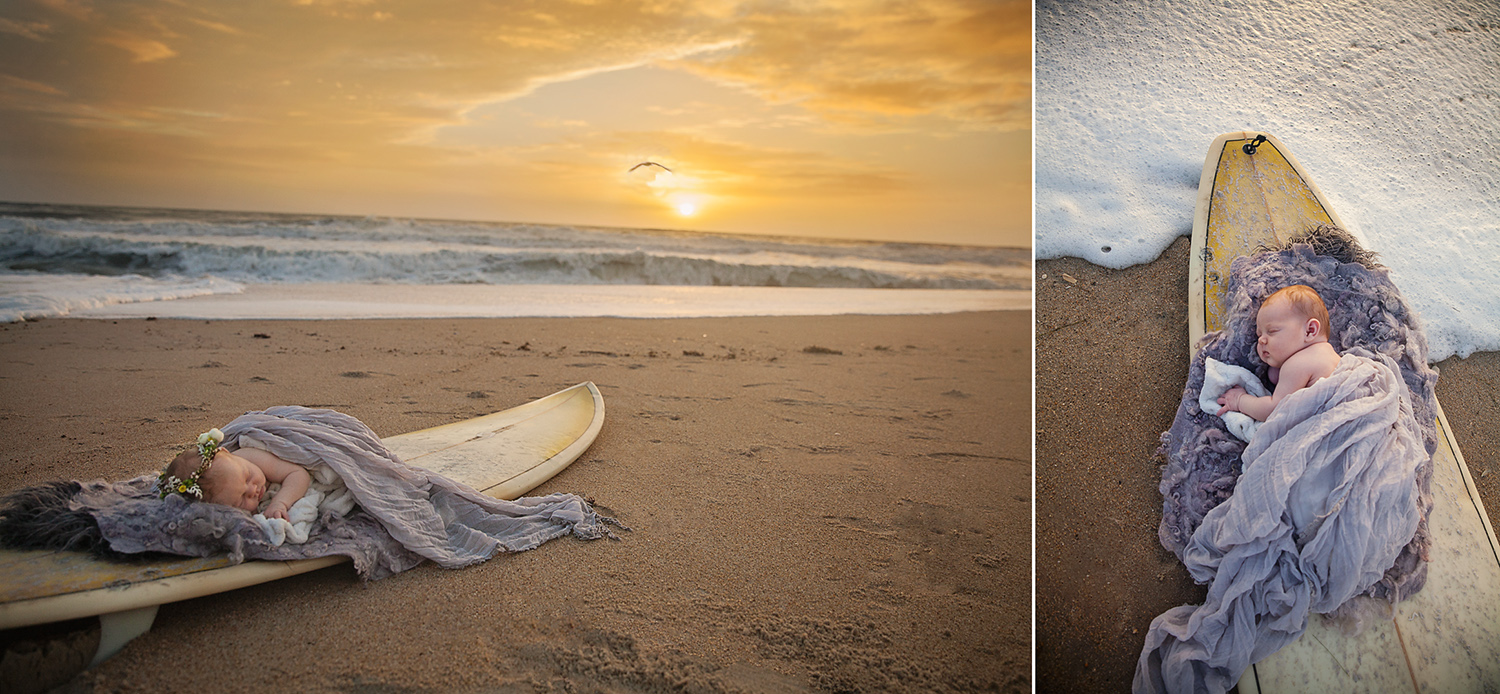 newborn on surfboard outer banks NC photograper