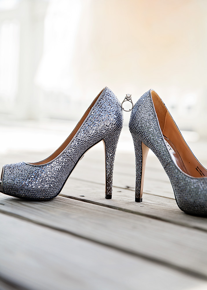 Bride's badgley mischka shoes  with engagement ring